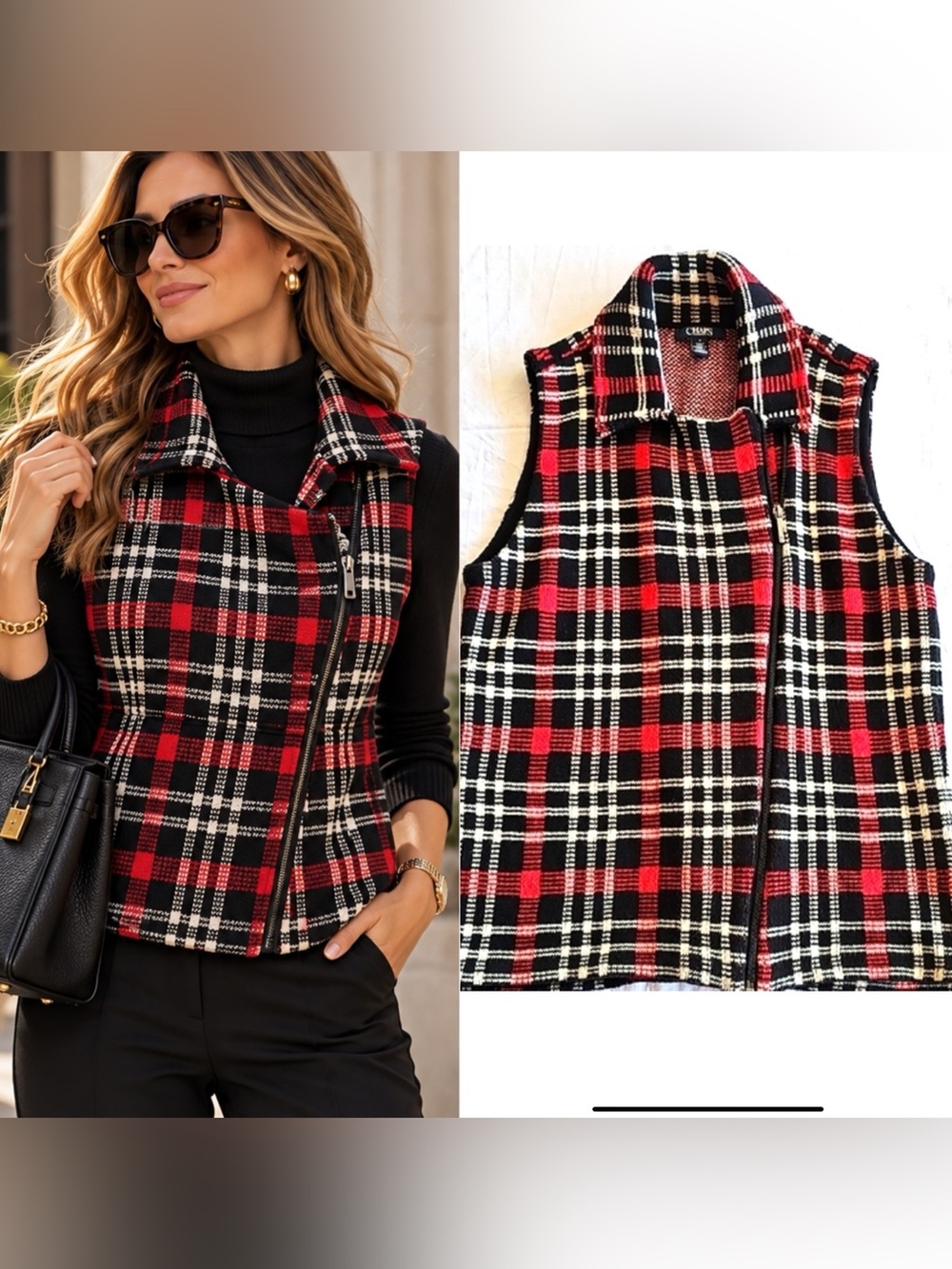 Chaps Womens Vest Zip Up Red Black Plaid Collared Sleeveless Sz M Asymmetrical